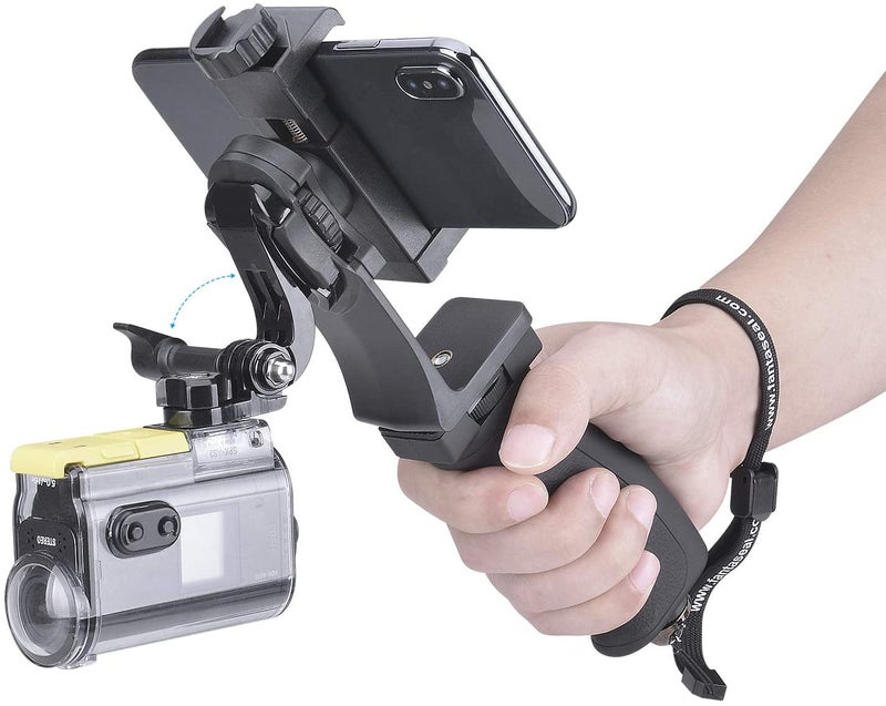 Fantaseal 2in1 Ergonomic Portable Action Camera+Smartphone SYN Hand Grip Stabilizer Combo Mount Video Vlogging Rig Holder Kit for GoPro iPhone Interview Travel YouTube Tiktok Streaming-Mic+Light Adapter - Image 4